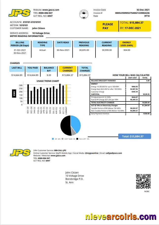 Jamaica Public Service Company JPS electricity utility bill